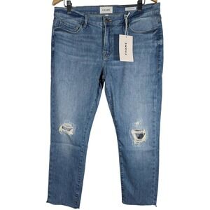 FRAME Le Garcon Crop Jeans Mid‎ Rise Straight Fit Distressed Blue Denim Size 30